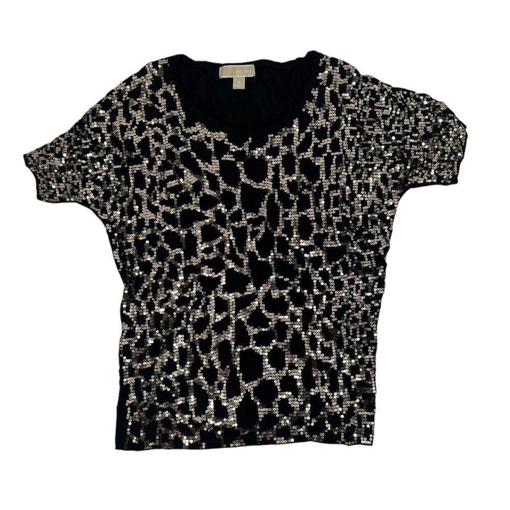 MICHAEL Michael Kors Black Gold Sequined Short Sleeve Blouse Size Med Women’s